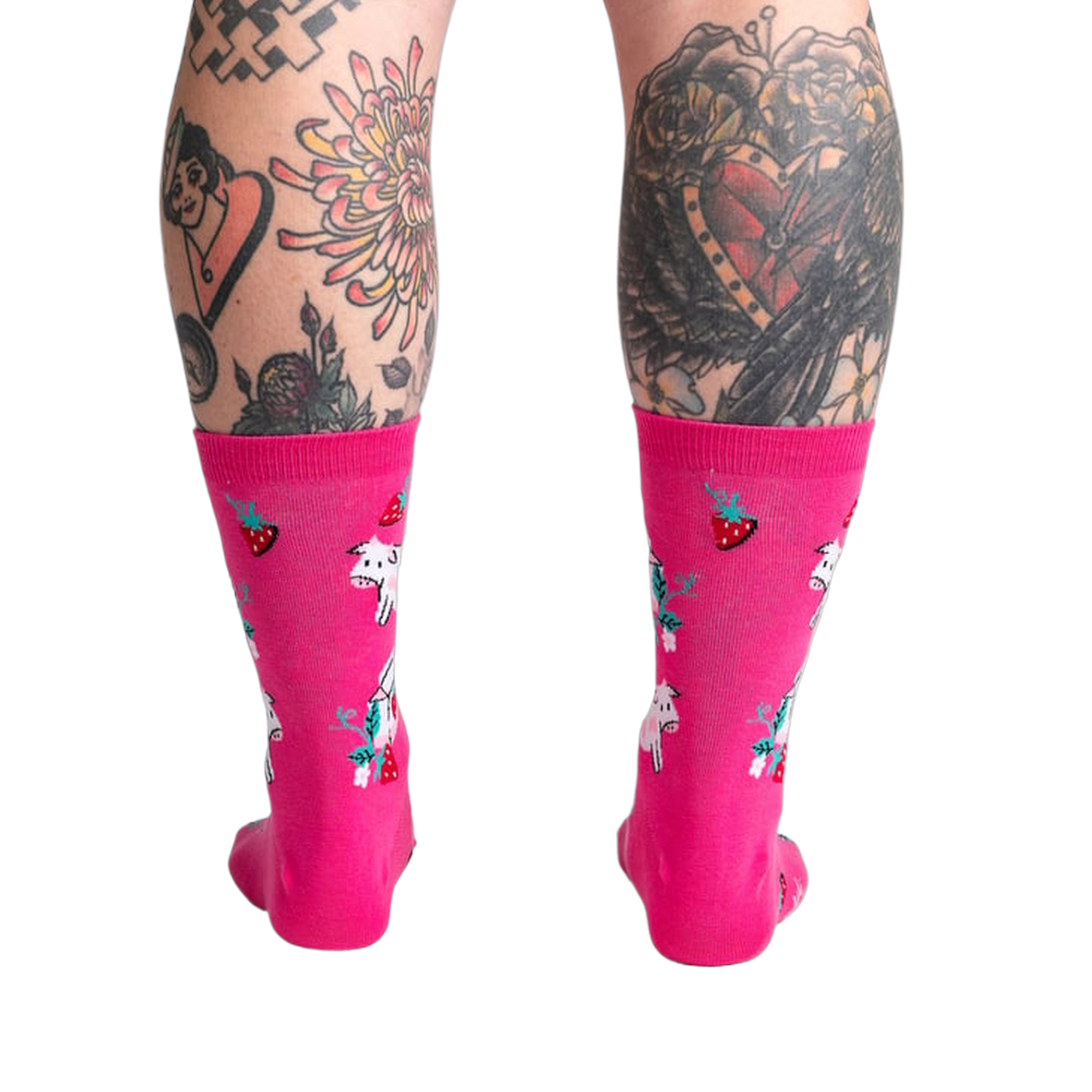 Back view of Strawberry Milk socks on a model, displaying the design on the back of the socks.