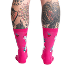 Back view of Strawberry Milk socks on a model, displaying the design on the back of the socks.