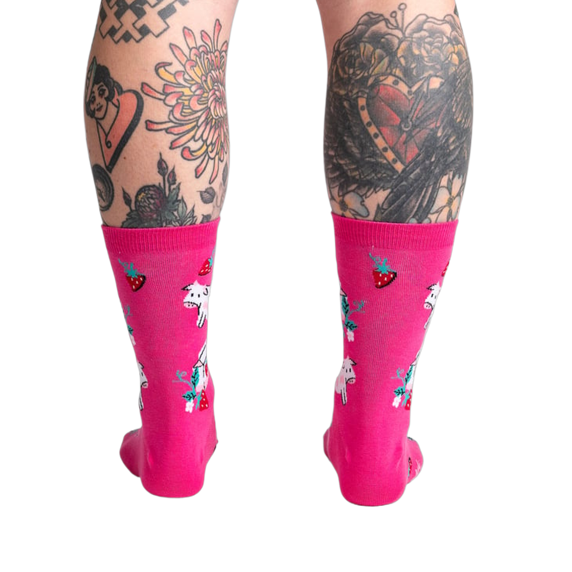 Back view of Strawberry Milk socks on a model, displaying the design on the back of the socks.