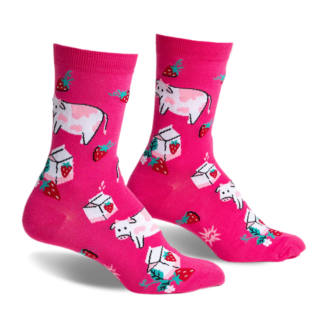 Pair of pink crew socks featuring illustrated cows, strawberries, and milk cartons. Fun, whimsical design.