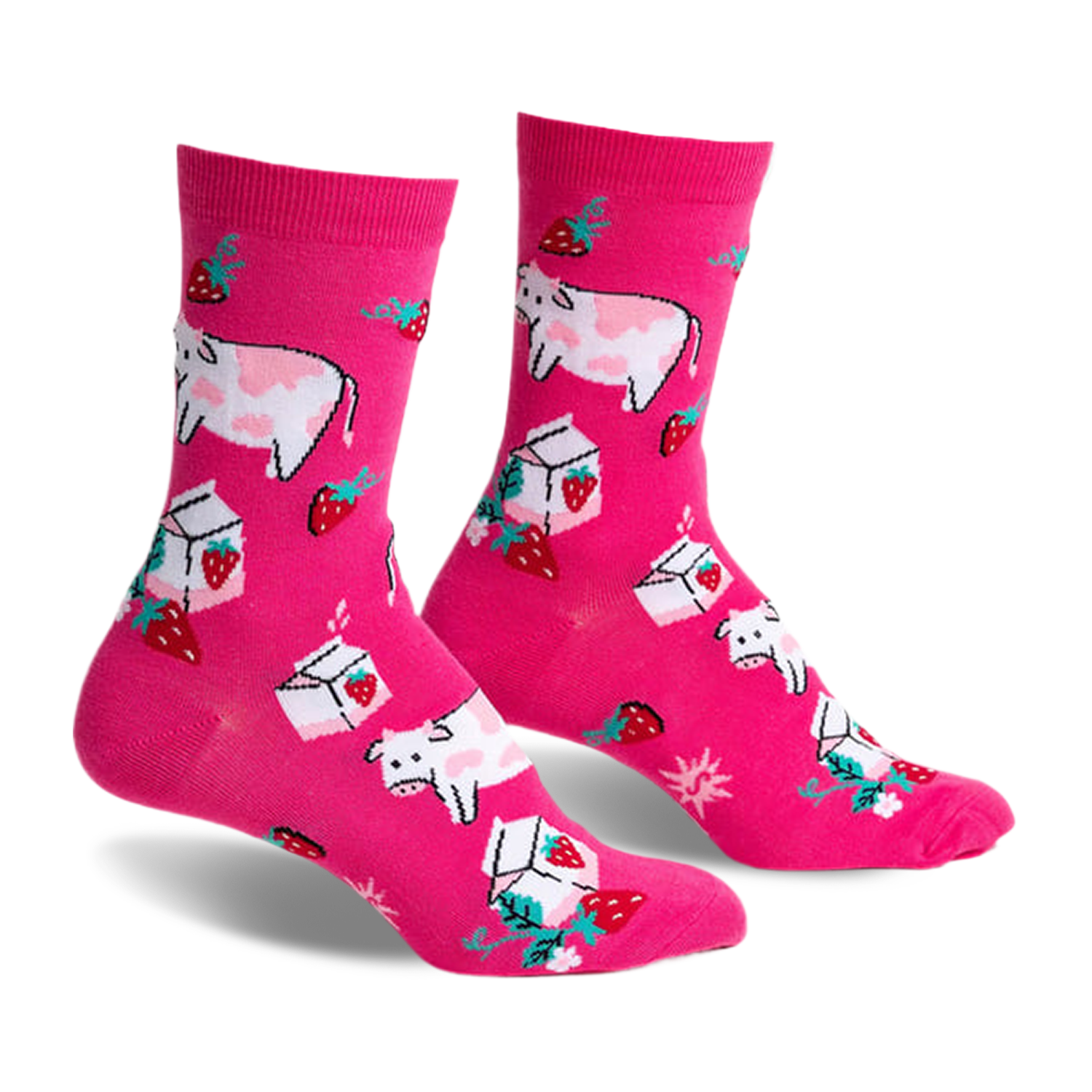 Pair of pink crew socks featuring illustrated cows, strawberries, and milk cartons. Fun, whimsical design.