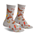 Pair of grey crew socks with a repeating pattern of dachshund-shaped hot dogs, mustard, and ketchup.