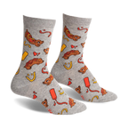 Pair of grey crew socks with a repeating pattern of dachshund-shaped hot dogs, mustard, and ketchup.