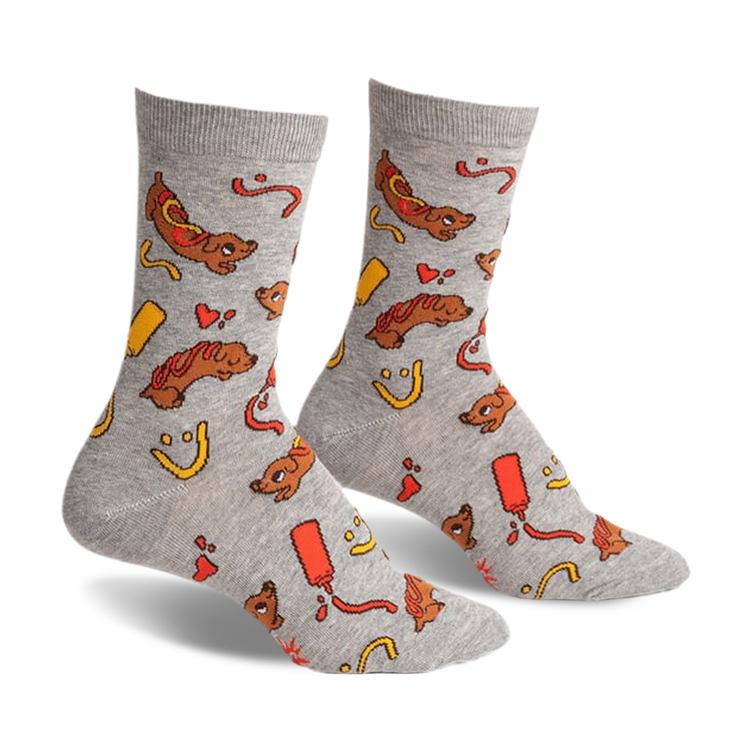 Pair of grey crew socks with a repeating pattern of dachshund-shaped hot dogs, mustard, and ketchup.