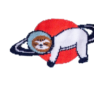 Close-up detail of the sock's fabric and print, showing the sloths and space elements.