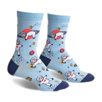 Pair of light blue crew socks with a fun design of sloths dressed as astronauts floating in space with planets and stars.