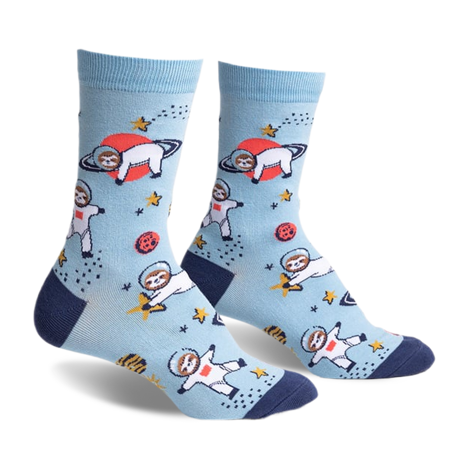 Pair of light blue crew socks with a fun design of sloths dressed as astronauts floating in space with planets and stars.