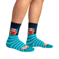 Lifestyle shot showing the socks on a person's legs. The teal and navy blue stripes are visible.