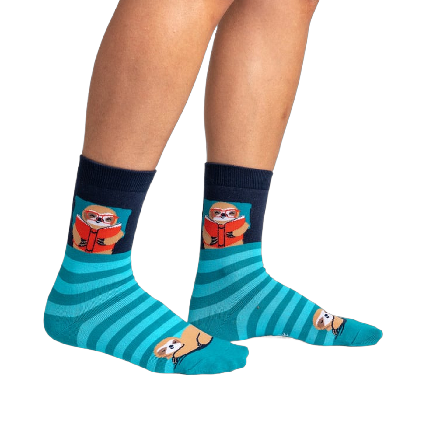 Lifestyle shot showing the socks on a person's legs. The teal and navy blue stripes are visible.
