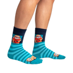 Lifestyle shot showing the socks on a person's legs. The teal and navy blue stripes are visible.