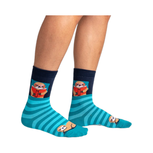 Lifestyle shot showing the socks on a person's legs. The teal and navy blue stripes are visible.