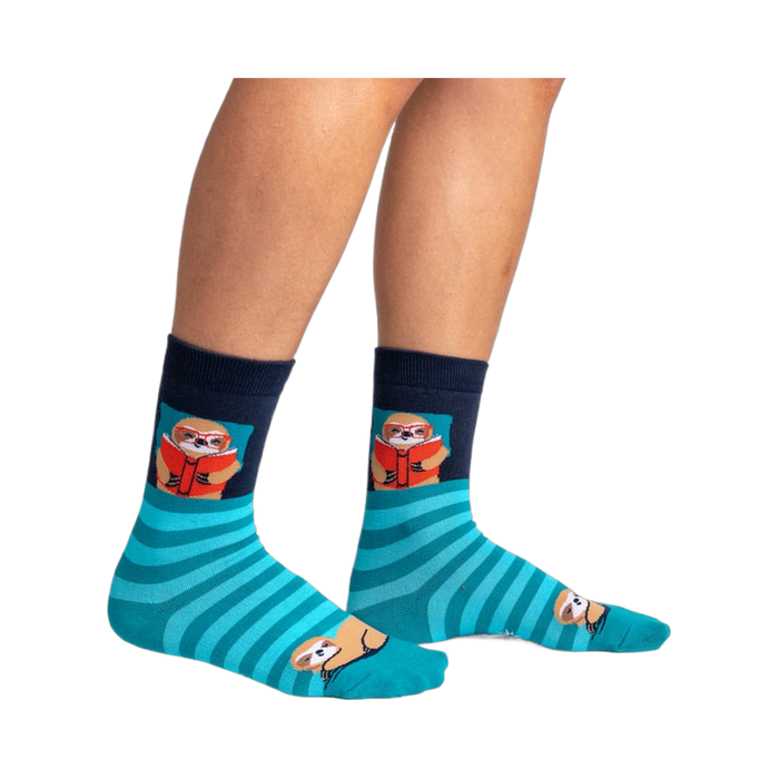 Lifestyle shot showing the socks on a person's legs. The teal and navy blue stripes are visible.