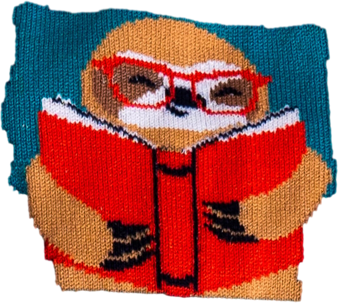 Close-up detail of the sloth reading a book on the sock.