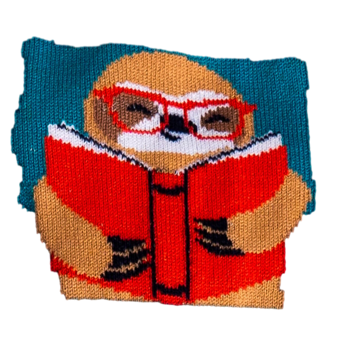 Close-up detail of the sloth reading a book on the sock.