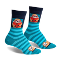 Crew socks in teal and navy blue, featuring a design of sloths reading books. 