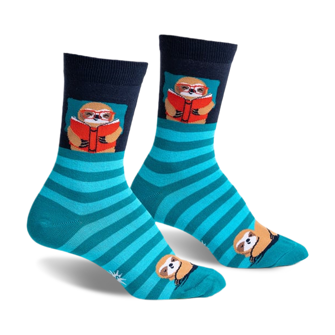 Crew socks in teal and navy blue, featuring a design of sloths reading books. 