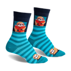 Crew socks in teal and navy blue, featuring a design of sloths reading books. 