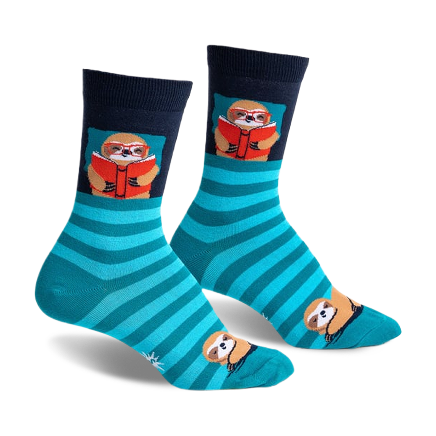 Crew socks in teal and navy blue, featuring a design of sloths reading books. 