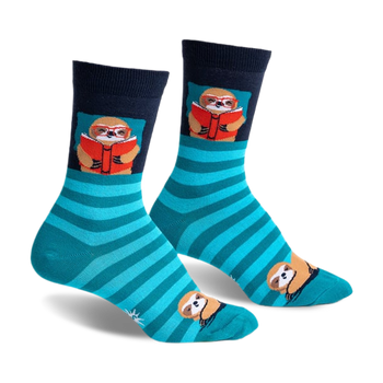 front view of a pair of socks. the socks have blue and green stripes, with a small sloth wearing glasses and reading a book on the front of each sock.  there is a small sloth in the toe of each sock.