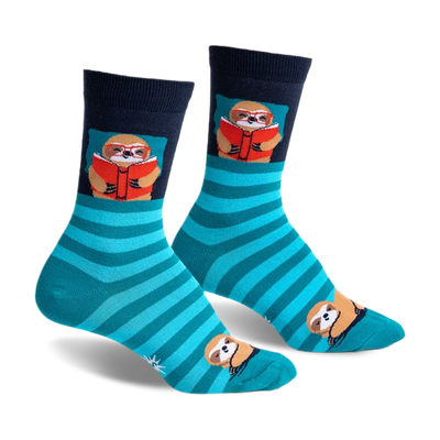 front view of a pair of socks. the socks have blue and green stripes, with a small sloth wearing glasses and reading a book on the front of each sock.  there is a small sloth in the toe of each sock.