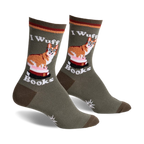 Pair of olive green crew socks featuring a corgi wearing glasses sitting on a stack of books.  Red, white, and brown details.
