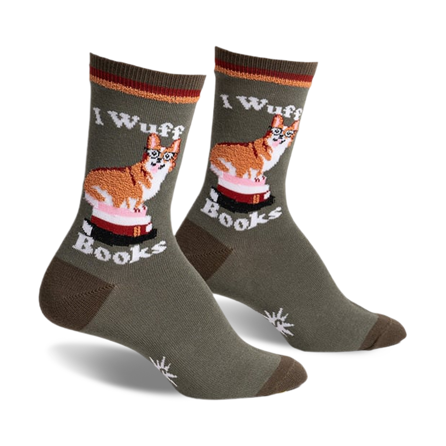 Pair of olive green crew socks featuring a corgi wearing glasses sitting on a stack of books.  Red, white, and brown details.