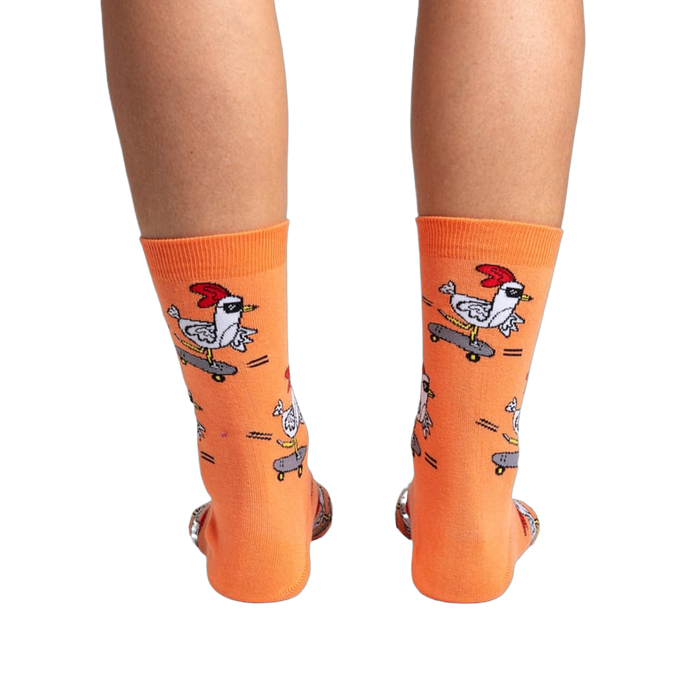 Back view of the Rad Chicken socks on a person's legs, highlighting the design from behind.