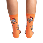Back view of the Rad Chicken socks on a person's legs, highlighting the design from behind.