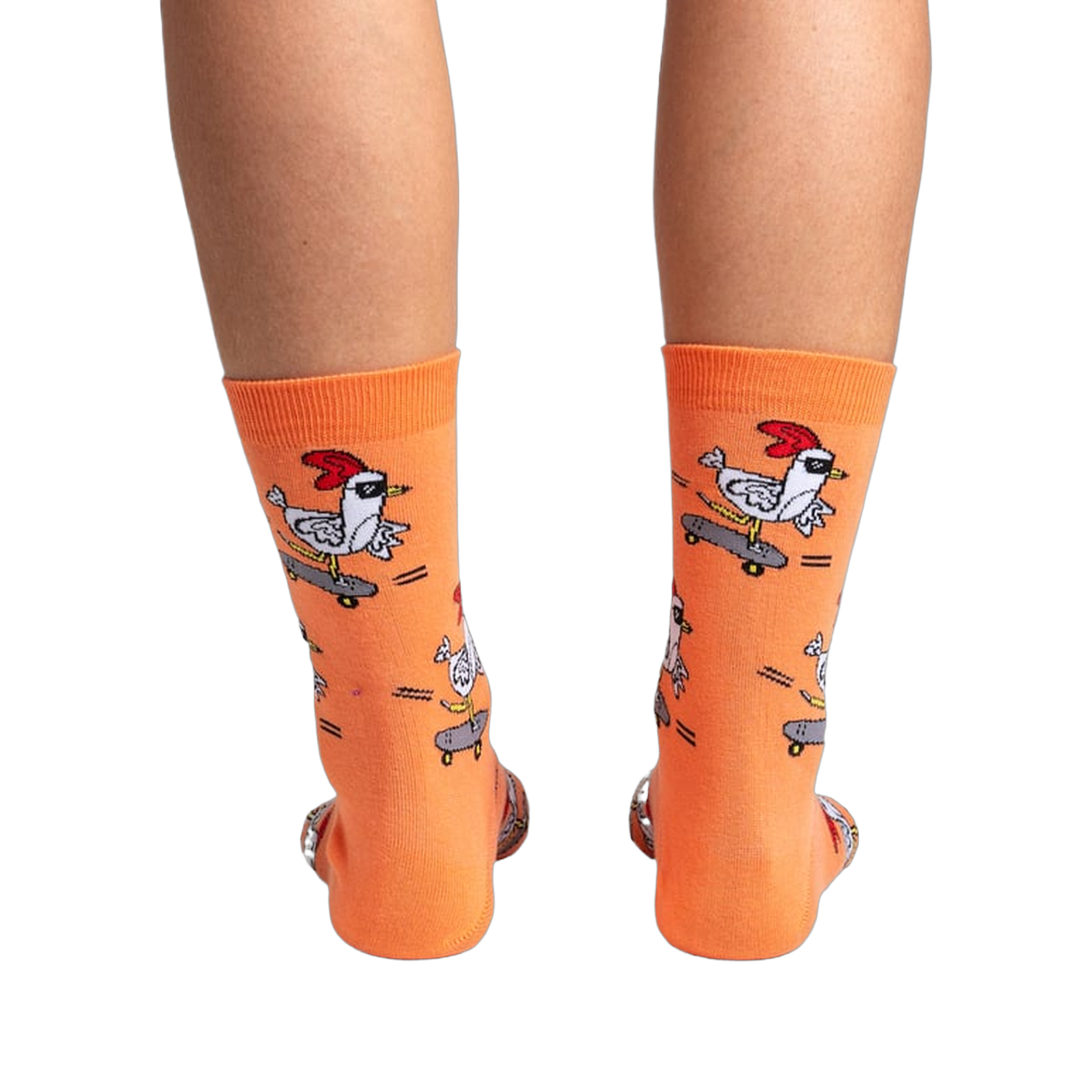 Back view of the Rad Chicken socks on a person's legs, highlighting the design from behind.