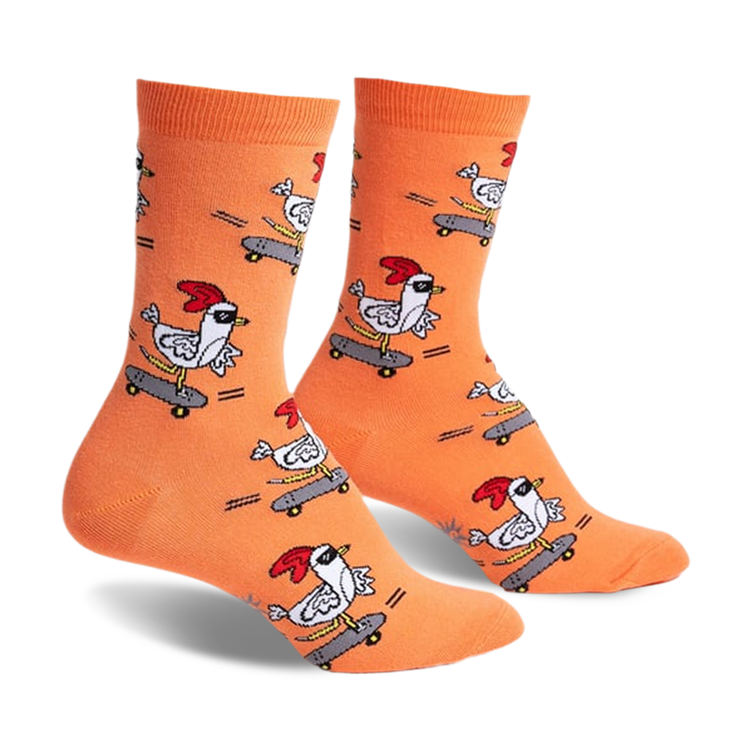 Pair of orange crew socks with a repeating pattern of chickens skateboarding.  The chickens wear sunglasses and red combs.