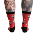 Back view of the 'Movie Night' socks highlighting the design details and full coverage of the pattern.