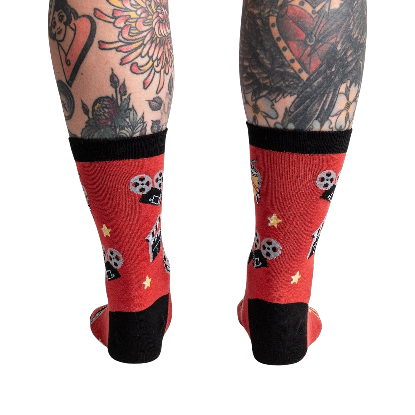 Back view of the 'Movie Night' socks highlighting the design details and full coverage of the pattern.