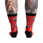 Back view of the 'Movie Night' socks highlighting the design details and full coverage of the pattern.