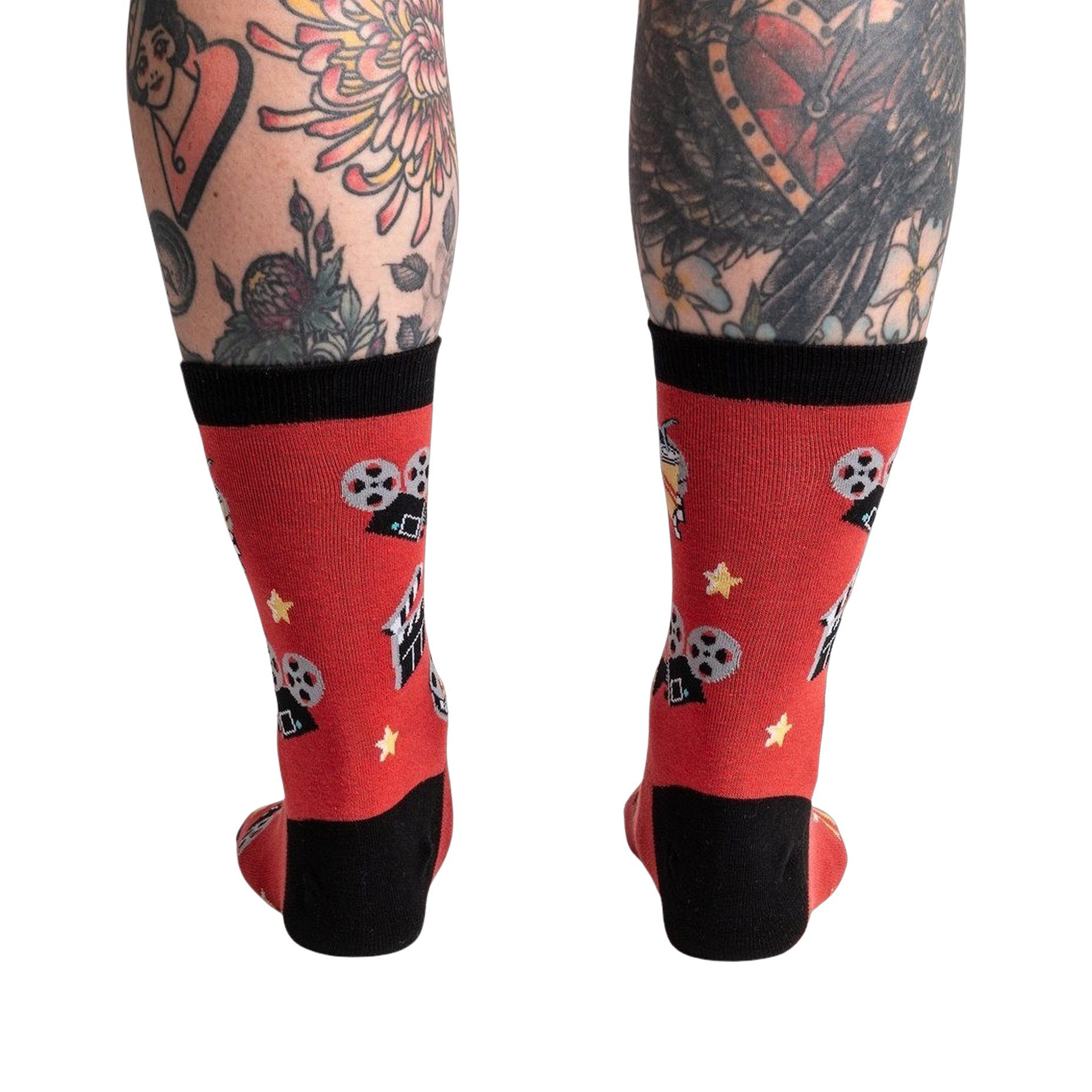 Back view of the 'Movie Night' socks highlighting the design details and full coverage of the pattern.