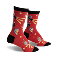 Pair of crew socks in red with black cuffs.  Features movie-themed designs: film reels, popcorn buckets, and clapperboards.