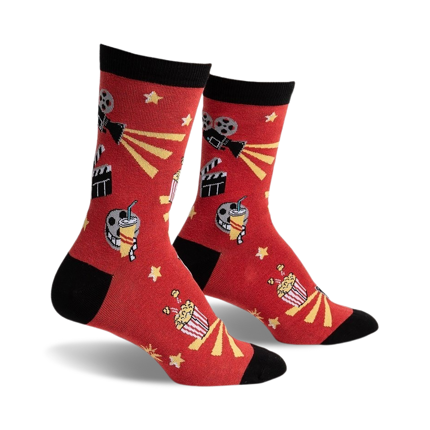 Pair of crew socks in red with black cuffs.  Features movie-themed designs: film reels, popcorn buckets, and clapperboards.