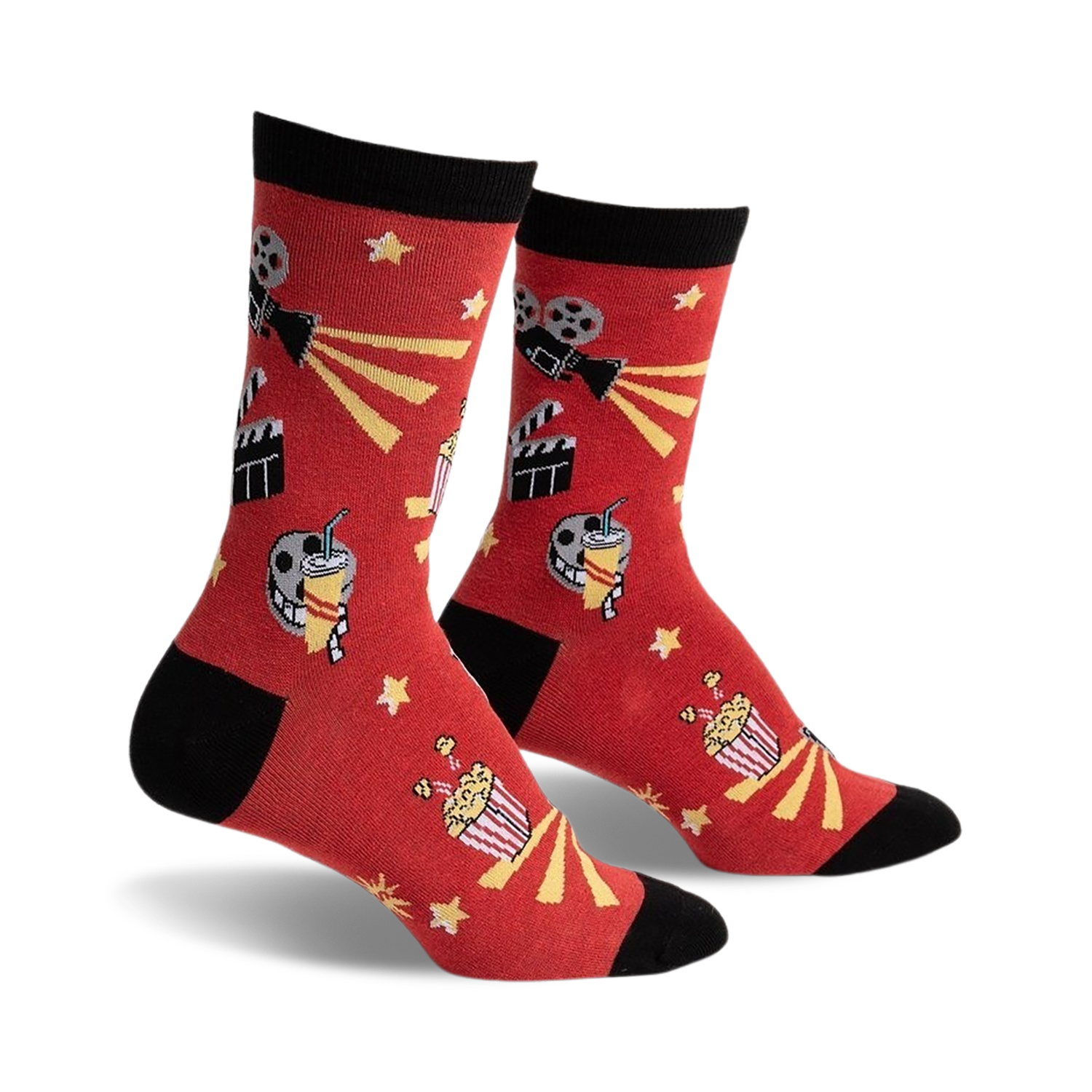 Pair of crew socks in red with black cuffs.  Features movie-themed designs: film reels, popcorn buckets, and clapperboards.