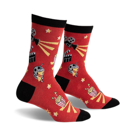 red womens crew socks with movie-themed pattern (popcorn, cola, stars, etc.) 