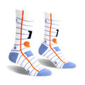Pair of white crew socks with blue stripes and an 'I heart books' design. Features orange heart and black 'I'.