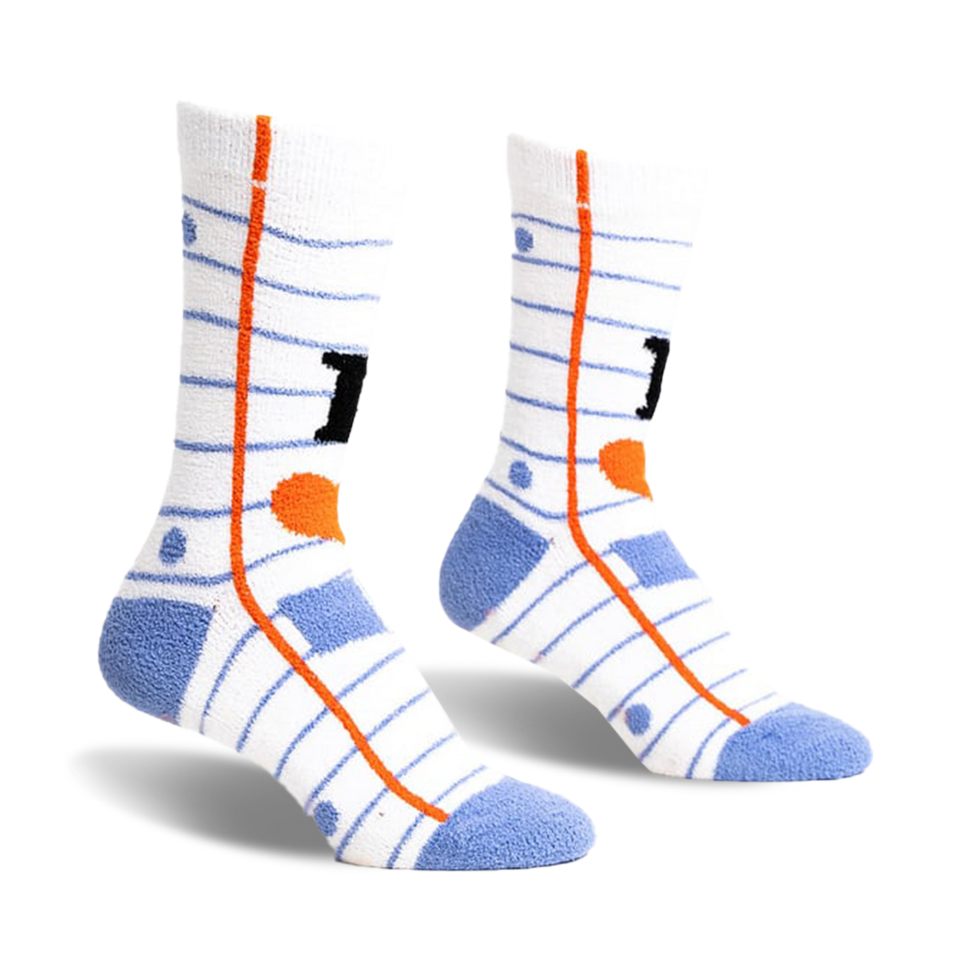 Pair of white crew socks with blue stripes and an 'I heart books' design. Features orange heart and black 'I'.