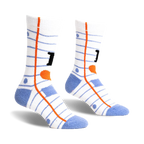 Pair of white crew socks with blue stripes and an 'I heart books' design. Features orange heart and black 'I'.