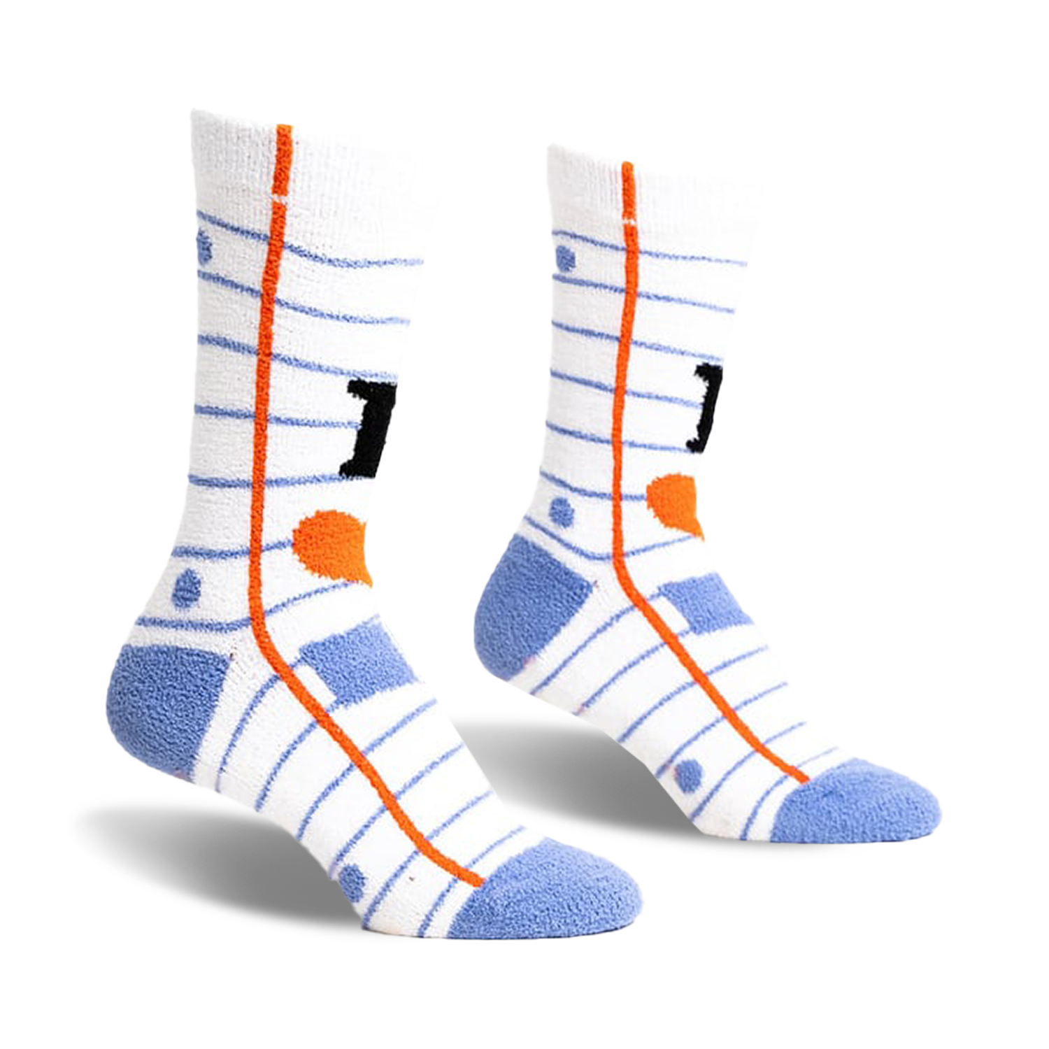 Pair of white crew socks with blue stripes and an 'I heart books' design. Features orange heart and black 'I'.