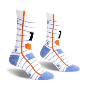 front view of a pair of white socks with blue lines and an orange side stripe, a blue toe, and a black number one on each sock.