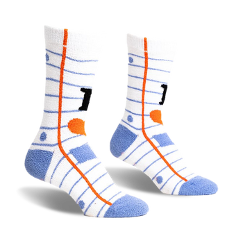 front view of a pair of white socks with blue lines and an orange side stripe, a blue toe, and a black number one on each sock.