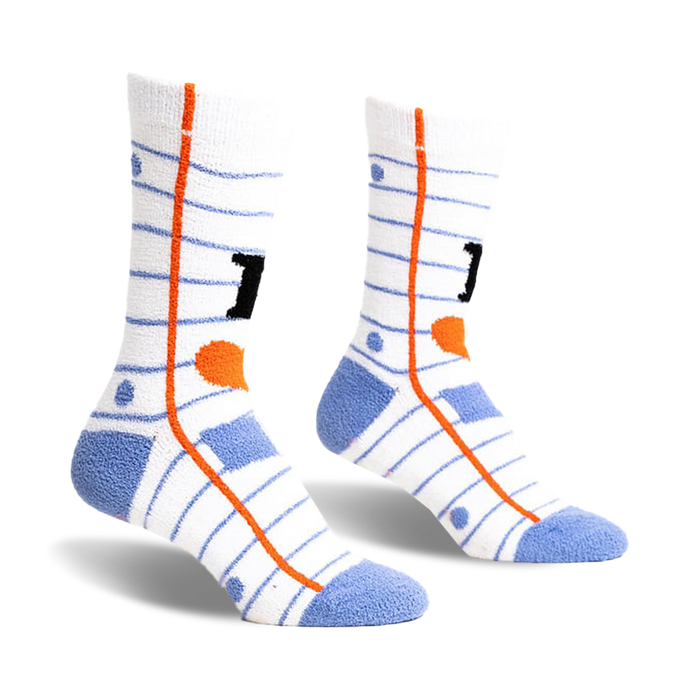 front view of a pair of white socks with blue lines and an orange side stripe, a blue toe, and a black number one on each sock.