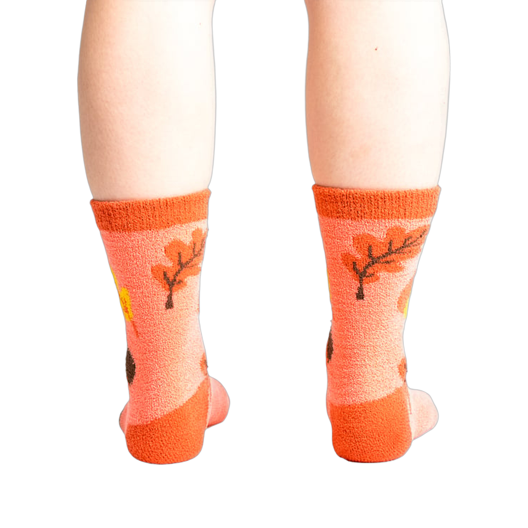 Front view: Pair of coral Acorn-ey socks on a white background.