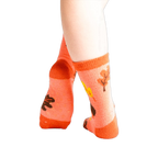 Back view: Pair of coral Acorn-ey socks on a white background.