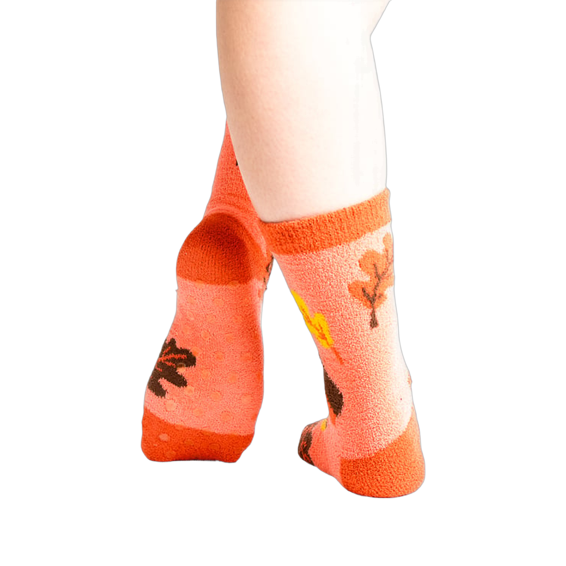 Back view: Pair of coral Acorn-ey socks on a white background.