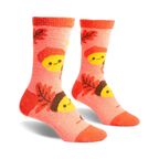 Pair of coral fuzzy socks with an acorn and leaf pattern.  Acorns have smiling faces.  Brown and yellow details.