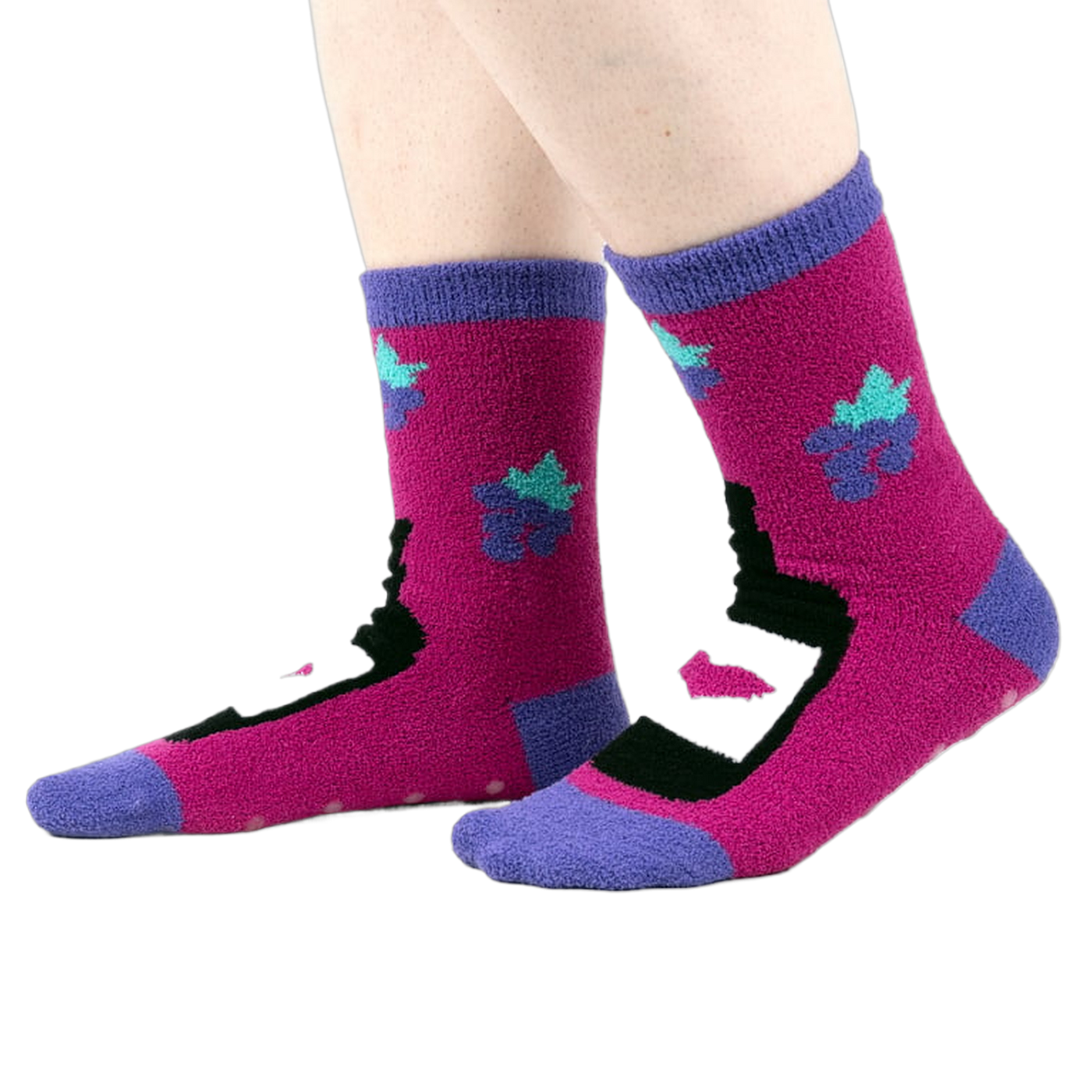 Another view of the 'You Are Really Grape' socks on a person's feet, from the side.